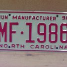 1996 North Carolina NC Manufacturer License Plate MF-1986 EX NCD1