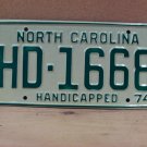 1974 North Carolina NC Handicapped License Plate HD-1668 Mint! NCH1