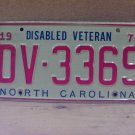1976 North Carolina NC Steel Disabled Veteran License Plate DV-3369 NCM1