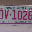 1977 North Carolina NC Aluminum Disabled Veteran License Plate DV-1028 NCM1