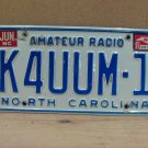 1997 North Carolina NC Amateur Radio License Plate K4UUM-1 VG NCO2