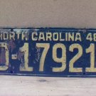 1948 North Carolina Dealer License Plate NC D-17921 NCD1