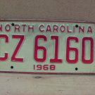1968 North Carolina NC Error License Plate CZ6160 No Dash NCO1