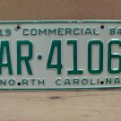 1984 North Carolina NC Resheeted License Plate AR-4106 Aluminum NCO1