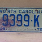 1972 North Carolina NC YOM Trailer License Plate 9399-K G+ NC8
