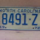 1972 North Carolina NC YOM Trailer License Plate 8491-Z VG NC8