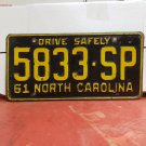 1961 North Carolina NC Truck YOM License Plate 5833-SP VG NCB1