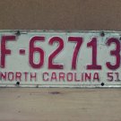 1951 North Carolina Common Carrier Truck License Plate NC F-62713 NCB2