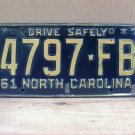 1961 North Carolina Common Carrier Truck License Plate NC 4797-FB NCB2