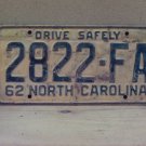 1962 North Carolina Common Carrier Truck License Plate NC 2822-FA NCB2