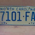 1972 North Carolina Common Carrier Truck License Plate NC 7101-FA NCB2