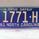 1961 North Carolina Contract Carrier Truck License Plate NC 1771-H NCB2