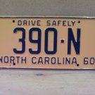1960 North Carolina Special Mobile Truck License Plate NC 390-N NCB2