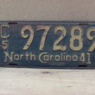 1941 North Carolina Private Commercial Trailer License Plate NC C5-97289 NCC2