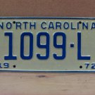 1972 North Carolina Transporter License Plate NC 1099-L NCC2