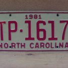 1981 North Carolina Transporter License Plate NC TP-1617 NCC2