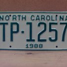 1988 North Carolina Transporter License Plate NC TP-1257 NCC2
