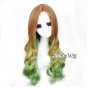 Long Curly Anime Hair Brown Blonde Green Mixed Fashion Cosplay Wig + Wig Cap