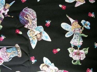 Fairies on Black Cotton Fabric - Half Yard sewing supplies