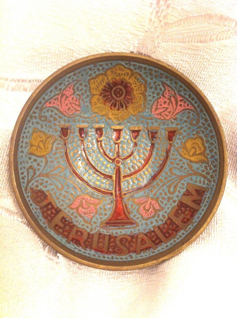 SPECTACULAR ENAMELED BRASS JERUSALEM MENORAH LAMP MINIATURE PLATE