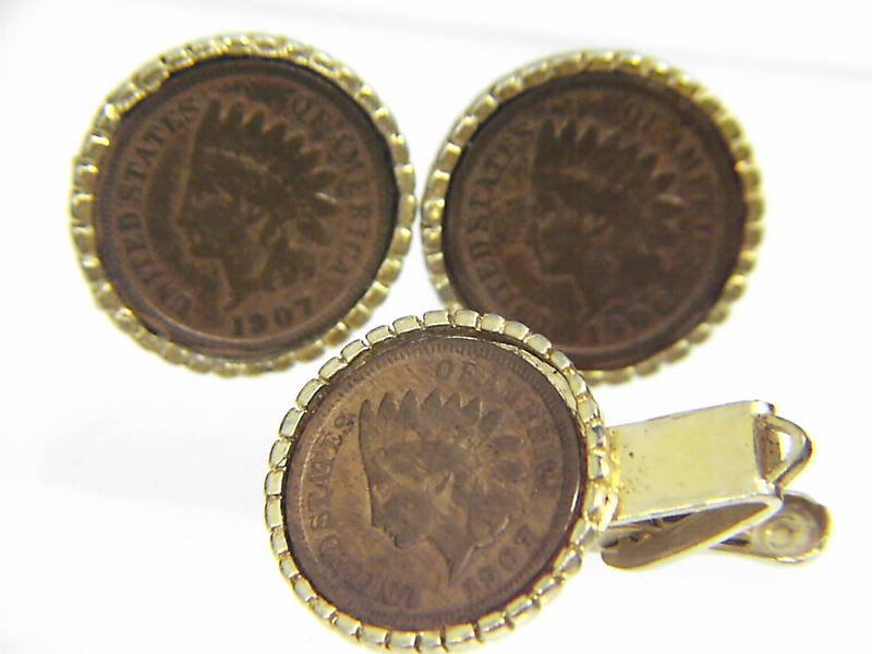 1906 1907 ONE CENT INDIAN HEAD CUFFLINKS TIE CLASP 1906-1907-one-cent-indian-head-cufflinks-tie-clasp