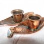 EILAT ~ PAIR OF VINTAGE SHABBAT COPPER CANDLE HOLDERS W/ ENAMEL SHIELDS ISRAEL