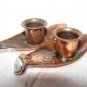 EILAT ~ PAIR OF VINTAGE SHABBAT COPPER CANDLE HOLDERS W/ ENAMEL SHIELDS ISRAEL