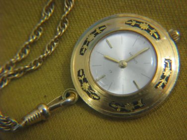 GORGEOUS HENO BLACK & GOLD TONE FLORAL EMBOSSED ORNAMENT PENDANT WATCH