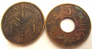 1 MIL 1939 & 5 MILS 1944. ISRAEL, PALESTINE, VINTAGE COINS