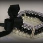 3 Strand Faux Pearl  Bead Bracelet with Ribbon Bow (Silver-Black)