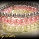 3 Strand Faux Pearl  Bead Bracelet with Ribbon Bow (Pink-Silver)