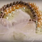 3 Strand Faux Pearl  Bead Bracelet with Ribbon Bow (Bronze-Tangerine)