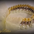 3 Strand Faux Pearl  Bead Bracelet with Ribbon Bow (Choco-Gold)