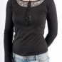 Black Long Sleeve Top with Silver Sequins and Beads at Neck with Accent Buttons S1573M