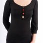 3/4 Sleeve Black Scoopneck Top with Decorative Buttons & Gathered Fabric at Bust S1569M