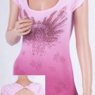 Graphic Pink Background Short Sleeve Tee with Cut-Out Back & Rhinestone Details S1317S