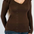 Long Sleeve V-Neck Coffee Colored Sweater Flutter Caps on Shoulder w/ Detailing S1209L