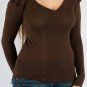 Long Sleeve V-Neck Coffee Colored Sweater Flutter Caps on Shoulder w/ Detailing S1209L