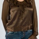 Sheer Long Sleeve Satiny Fabric Body Tie at Sides Blouse w/ Neck & Cuff Ruffles S1206L