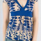 Short Sleeve Deep V-Neck Babydoll Top in Soft Beige and Royal Blue Floral Print S1167S