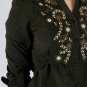 Collared Button Down Long Sleeve Black Blouse w/ White & Olive Floral Embroidery S1179S