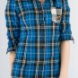 Collared Button Down 3/4 Sleeve Blue Plaid Shirt w/ Studding Detail Chest Pocket S1175S