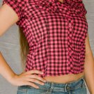 Pink & Black Plaid Collared Button Down Top with Breast Pockets Roll-up Sleeves S1057L