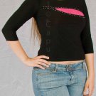 Black Elbow Length Sleeves Club Top w/ Cut-out Slash Front & Rhinestone Trimmed S1068L