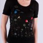 Scoopneck Black Knit S/S Top w/ Flower Graphic on Front w/ Heart Button Accents S1437S