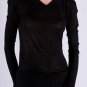 V-Neck Black Long Sleeve Top with Ribbing at Neck Ruffle Cuffs and Bottom Hem S1428S