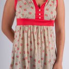Pink Floral & Black Polka Dot Print Sleeveless Empire Waist Tunic w/ Coral Trim S1605M