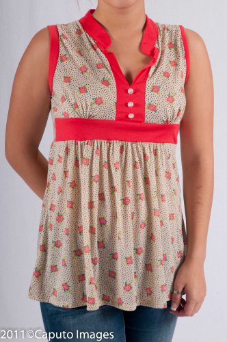 Pink Floral & Black Polka Dot Print Sleeveless Empire Waist Tunic w/ Coral Trim S1605M