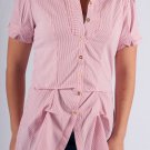 Red & White Stripe Buttoned Cuff Short Sleeve Button Down Blouse with Collar S1621M