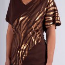 Brown with Gold Foil Animal Print Graphics Flutter Short Sleeve V-Neck Tee Shirt S1626S